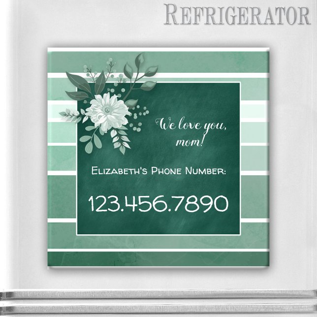 Íman Magneta Floral em Faixa Verde (Magnet featuring a green chalkboard image framed by an elegant green and white floral striped design)