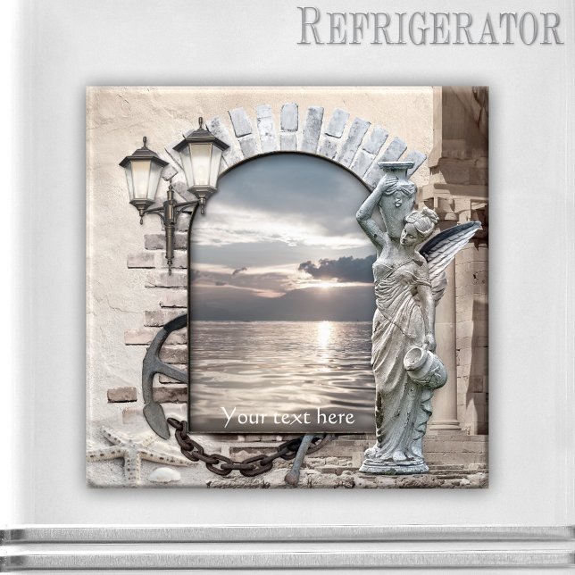 Íman Magneta Náutica Italiana Clássica (Italian nautical magnet featuring a coastal scene with Roman arch, angel and lantern)