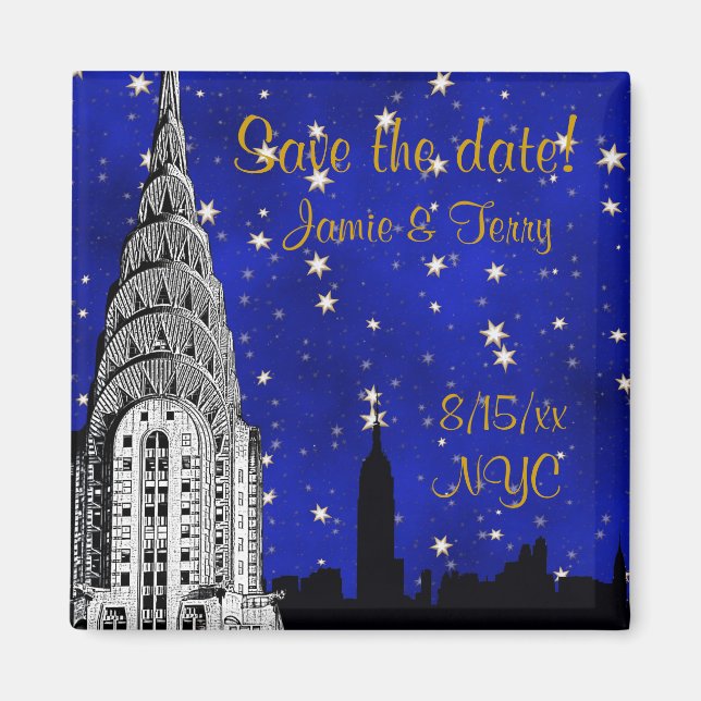 Íman Magneta NYC Skyline Silhouette Blue Star Save Date (Frente)