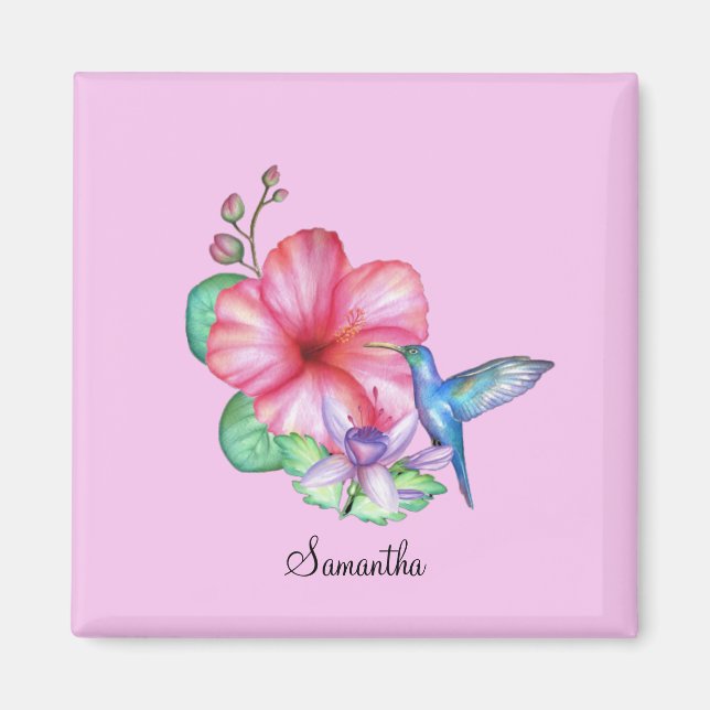 Íman Magneta Personalizada Tropical Floral Hummingbird (Frente)