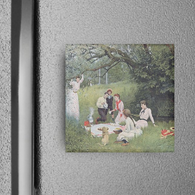 Íman Magneta Pictônica Vitoriana (Vintage image of Victorian family out in woods with dog for family picnic on square magnet.)