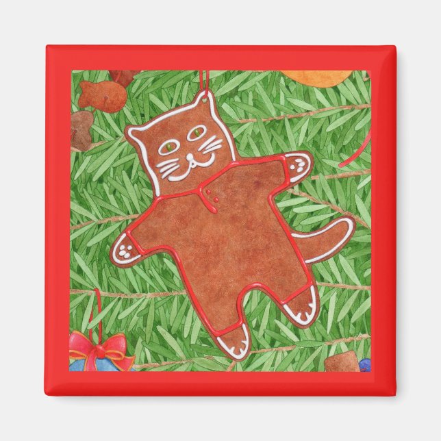Íman Magneta quadrada do GATINHO GINGERBREAD / Vermelho (Frente)