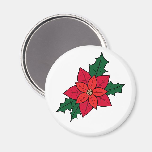 Íman Magneta redonda com poinsettia de Natal vermelha (Front/Back)