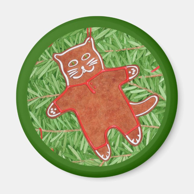 Íman Magneta redonda do GATINHO GINGERBREAD / Verde (Frente)