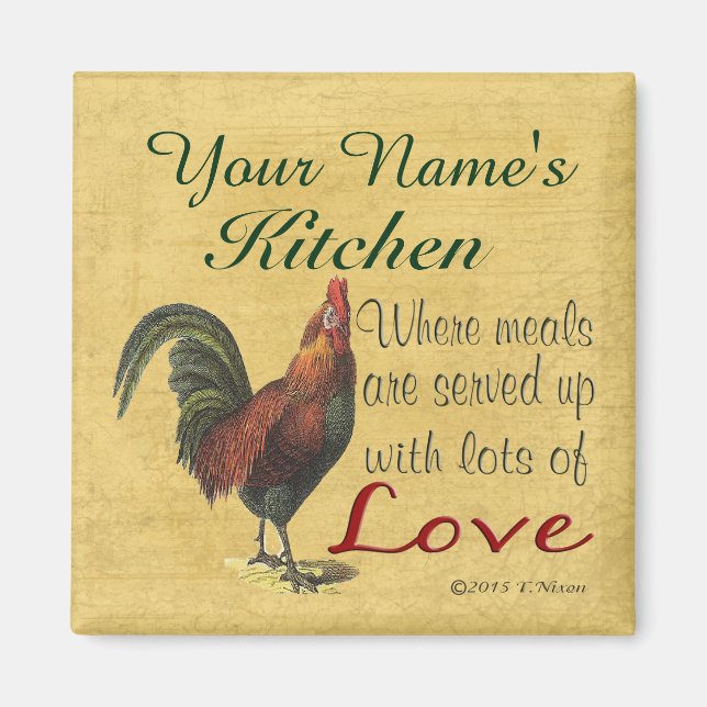 Íman Magneta Rooster Kitchen Personalizada com Seu Nome (Frente)