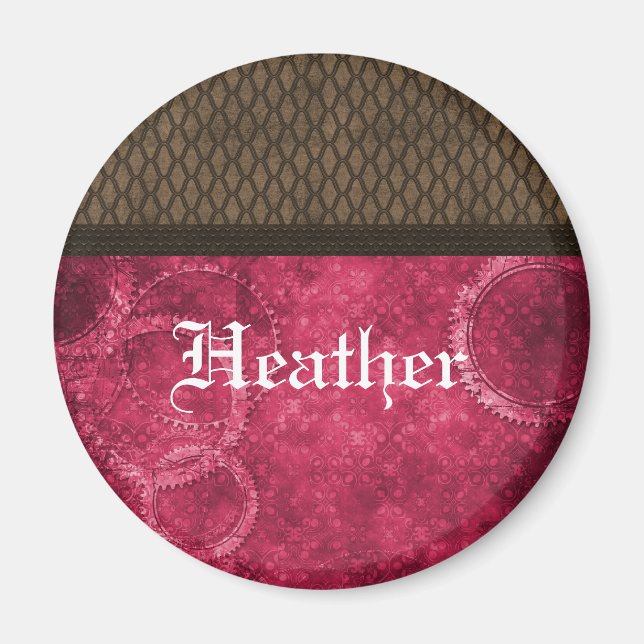 Íman Magneta Steampunk de Engrenagens Metálicas, Rosa (Frente)