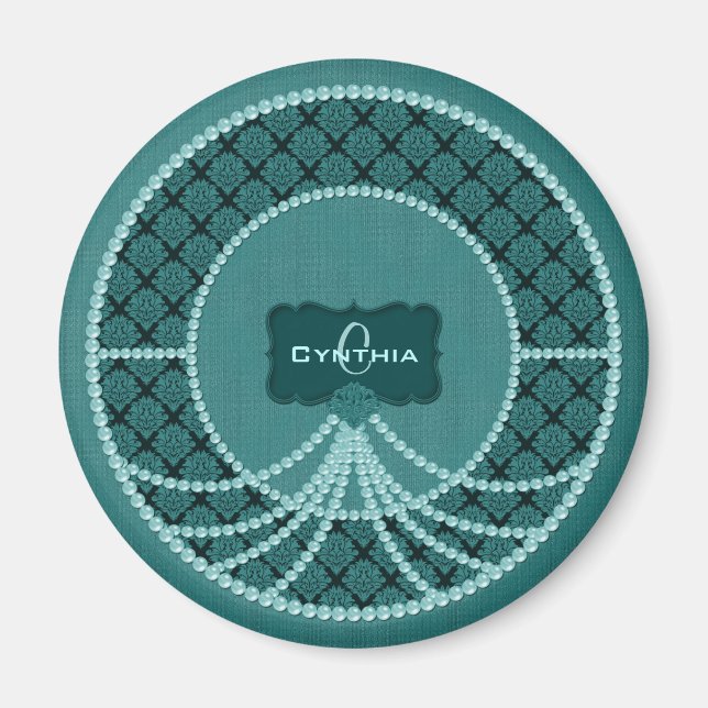 Íman Magneta Teal Pearl Damask-Round (Frente)