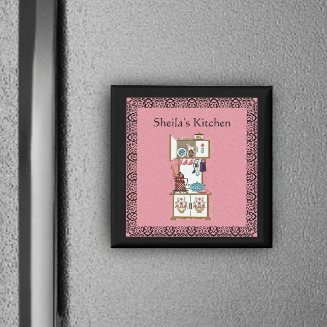 Íman Magneta Vintage Personalizada (Vintage white cooking stove flowers in fancy black frame on pink kitchen magnet.)