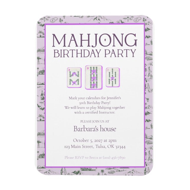 Íman Mahjong Birthday Party Invitation, purple toile (Vertical)