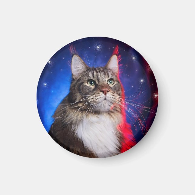 Íman Maine Coon Cat Com Azul Branco Vermelho Aura E Est (Frente)