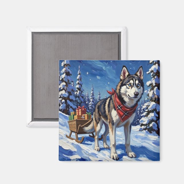 Íman Majestic Siberian Husky Pulling Christmas Sled (Front/Back)