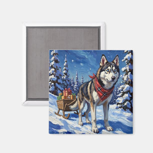 Íman Majestoso Husky Siberiano Puxando Trenó de Natal