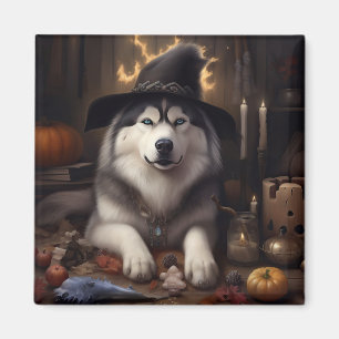 Íman Malamute do Alasca Abóboras Dia das Bruxas Assusta