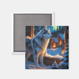 Íman Malamute do Alasca com Luzes de Natal Feriado