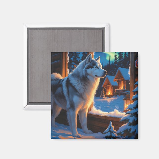 Íman Malamute do Alasca com Luzes de Natal Feriado  (Front/Back)