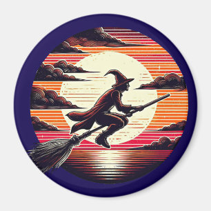 Íman Male Witch cavalgando Broom na ilustração da arte 