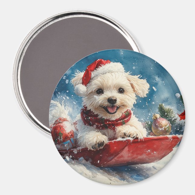 Íman Maltês Cachorro com Sledge Deixe-o nevar no Natal (Front/Back)