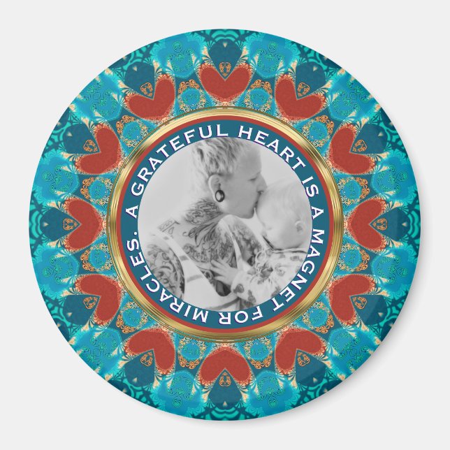 Íman Mandala de Água Teal de Gratidão com Palavras e Fo (Frente)