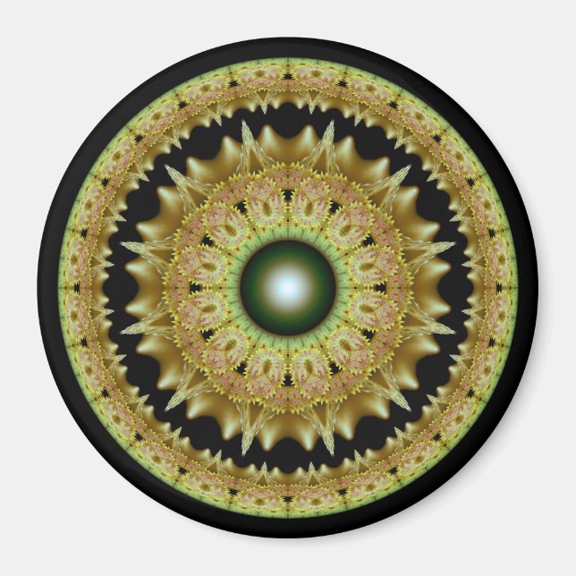 Íman Mandalá redondo fractal dourado (Frente)