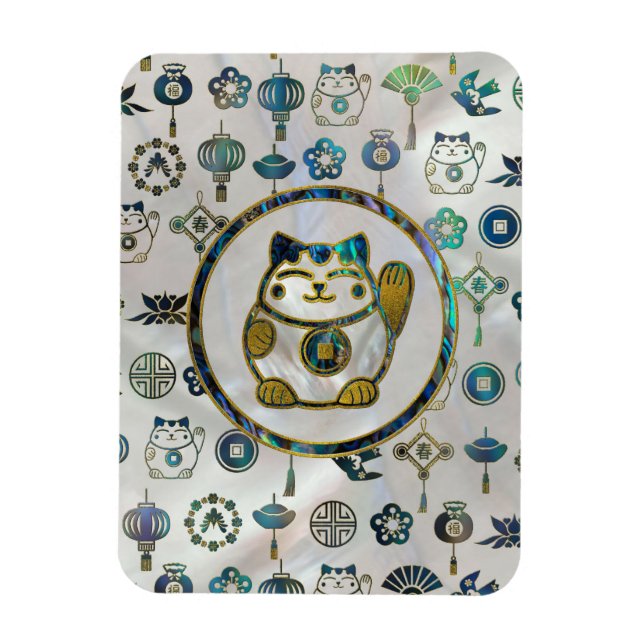 Íman Maneki Neko Lucky cat em pérola e abalone (Vertical)