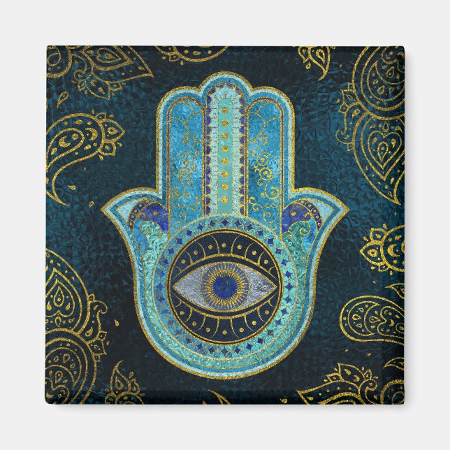 Íman Mão Decorativa de Hamsa com fundo paisley (Frente)