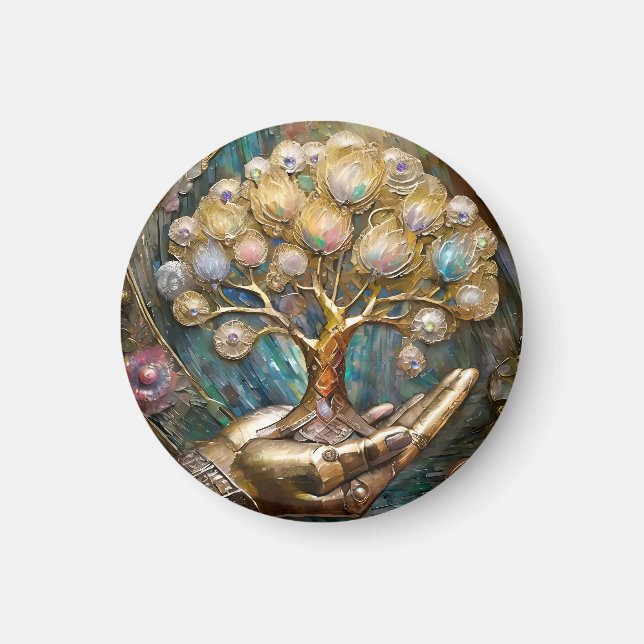 Íman Mão Robô ouro Segurando Dourada Árvore De Vida (Frente)