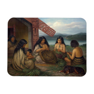 Íman Maoris que entrançam cestas do linho, por G.