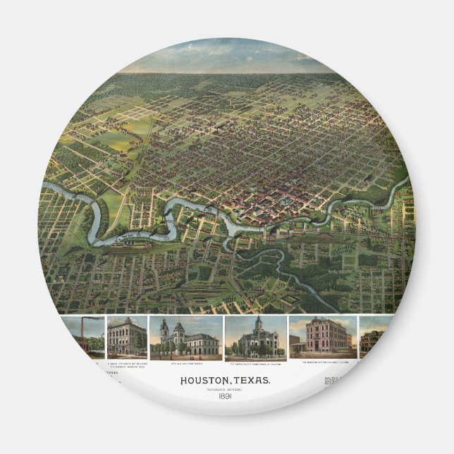 Íman Mapa antigo de Houston, Texas com Rio Buffalo (Frente)