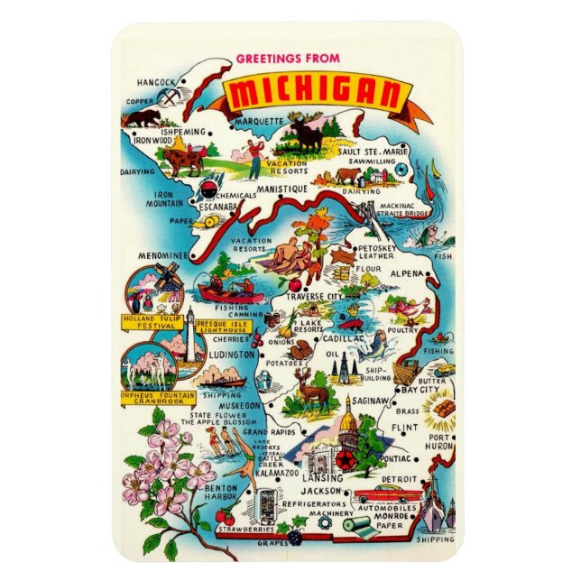 Íman Mapa Antigo de Michigan 4 x 6 (Vertical)