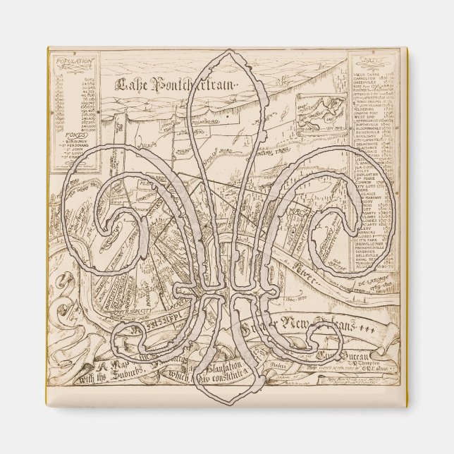 Íman Mapa antigo de Nova Orleans com Fleur (Frente)