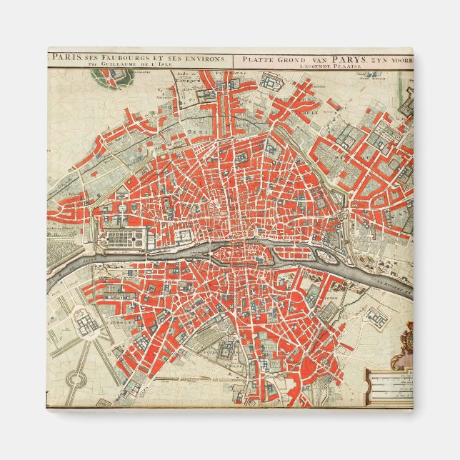Íman Mapa Antigo de Paris França (1721–1774) (Frente)