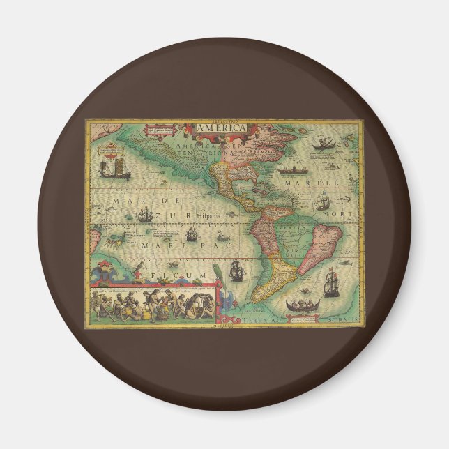 Íman Mapa Antigo do Mundo das Américas, 1606 (Frente)