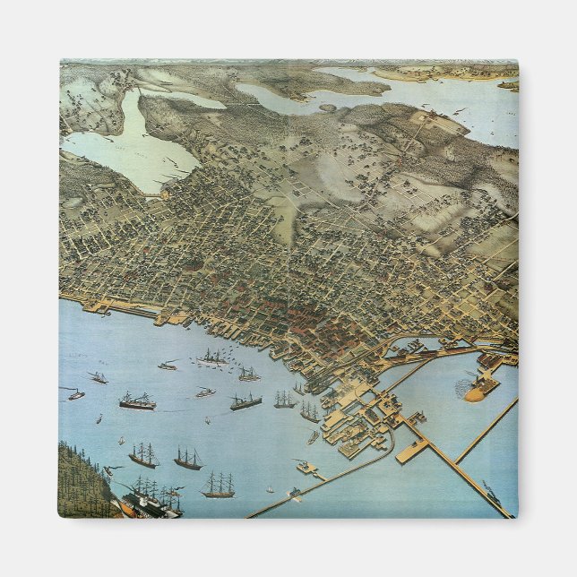 Íman Mapa Antigo Vista Aérea Cidade de Seattle Washingt (Frente)