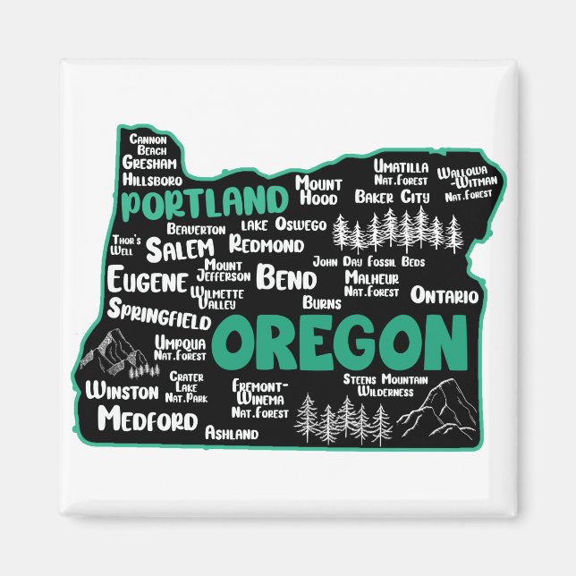 Íman Mapa bonito de Oregon, Portland, Salem, Eugene, (Frente)