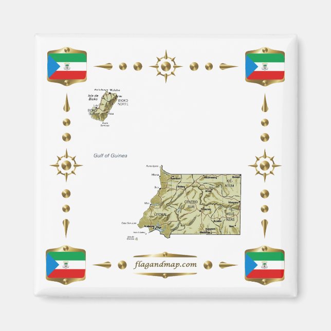 Íman Mapa da Guiné Equatorial + Ímã de Bandeiras (Frente)