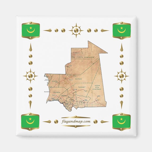 Íman Mapa da Mauritânia + Ímã de Bandeiras (Frente)