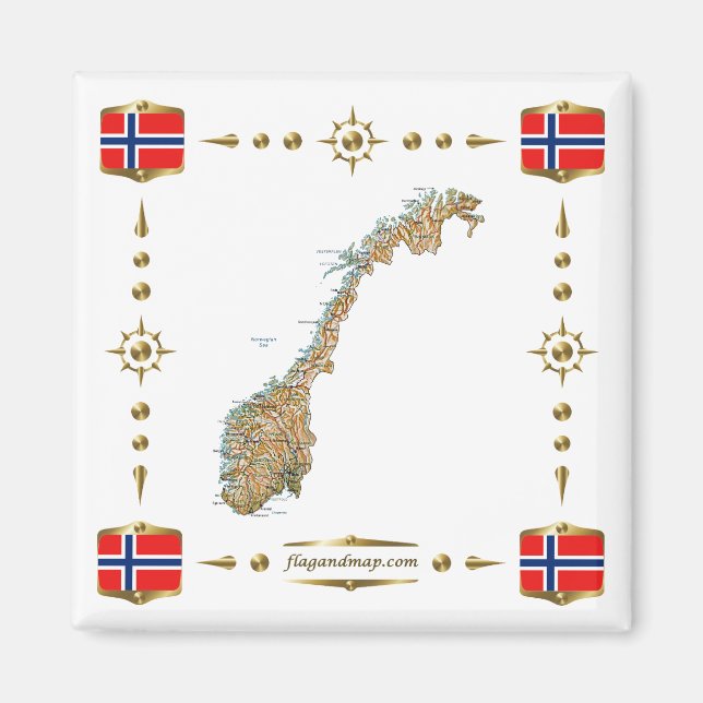 Íman Mapa da Noruega + ímã dos sinalizadores (Frente)
