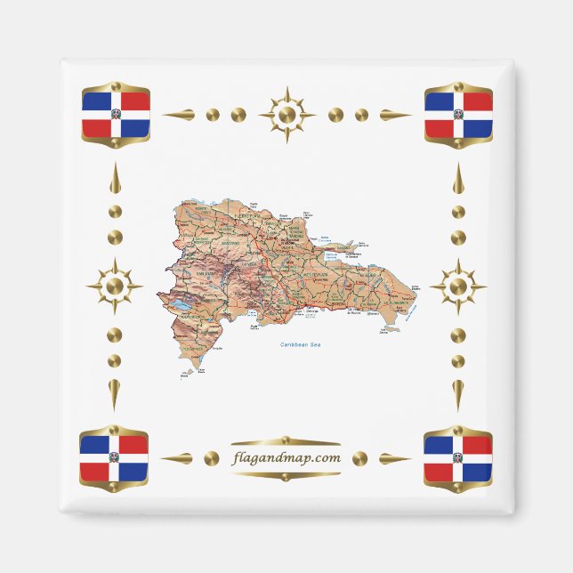 Íman Mapa da República Dominicana + Bandeiras (Frente)