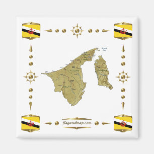Íman Mapa de Brunei + Ímã de Bandeiras