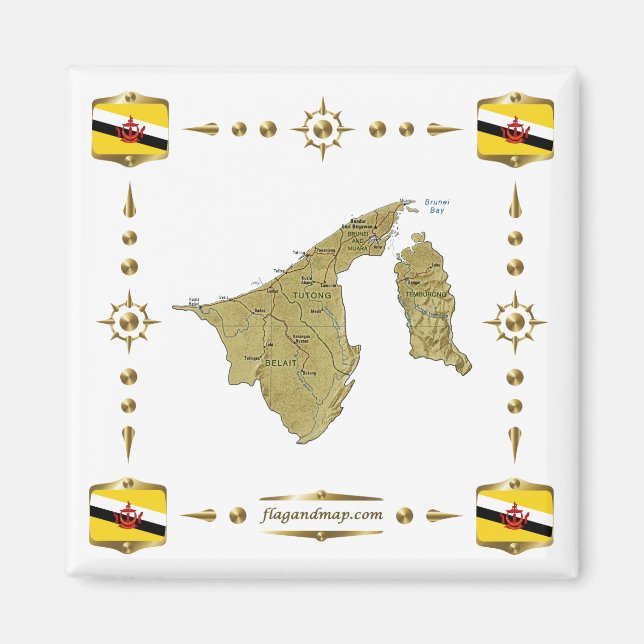 Íman Mapa de Brunei + Ímã de Bandeiras (Frente)