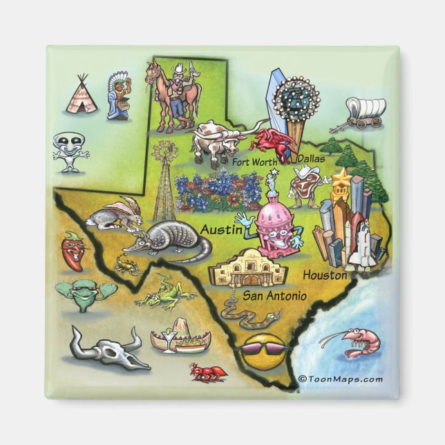 Íman Mapa de Cartoons do Texas (Frente)