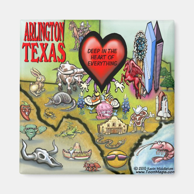 Íman Mapa de Cartoons do Texas Arlington (Frente)