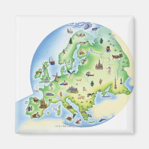 Íman Mapa de Europa com ilustrações de famoso