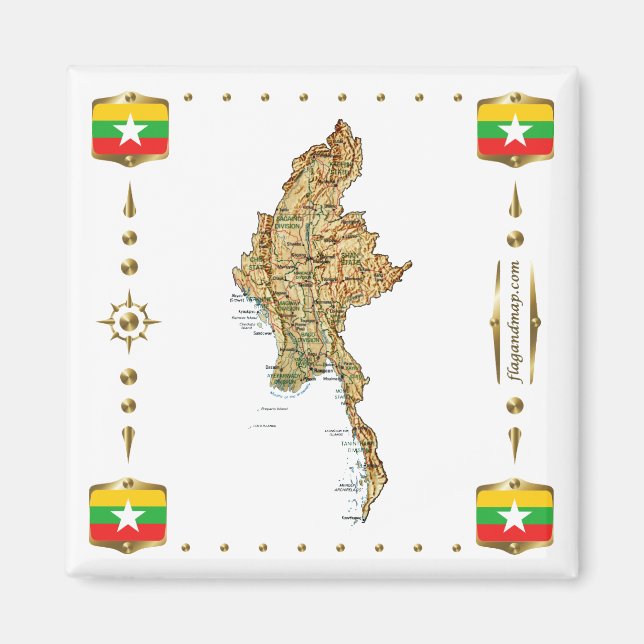 Íman Mapa de Myanmar + ímã de sinalizadores (Frente)