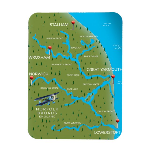 Íman Mapa de Norfolk Broads Inglaterra. (Vertical)