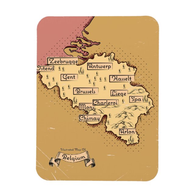 Íman Mapa de viagem antigo da Bélgica (Vertical)
