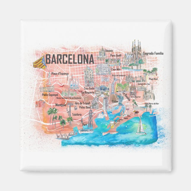 Íman Mapa de Viagem com Estradas Ilustrado de Barcelona (Frente)