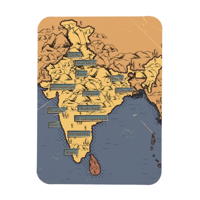 Íman Mapa de viagem ilustrado da Índia (Vertical)
