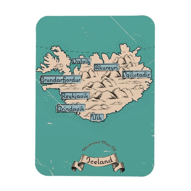 Íman Mapa de viagem ilustrado Islândia (Vertical)