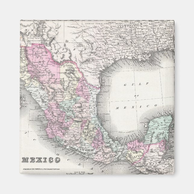 Íman Mapa de Vintage do México (1855) (Frente)